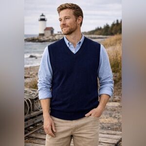 LL Bean Men’s Navy Cotton Cashmere Sweater Vest XL V neck Classic